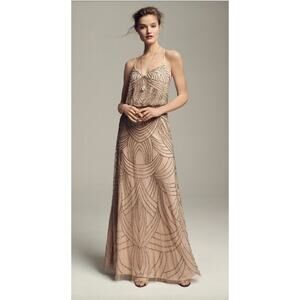 Adrianna Papell Beaded Maxi Dress Nude Champagne Formal Gown New w/ Defects‎